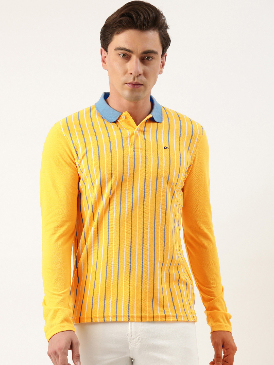 

Peter England Men Striped Polo Collar Long Sleeves T-shirt, Yellow