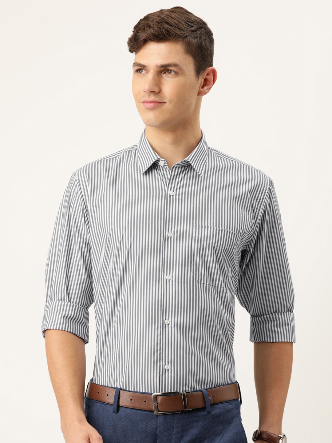 

Peter England Men Grey & White Nuvo Slim Fit Striped Casual Shirt
