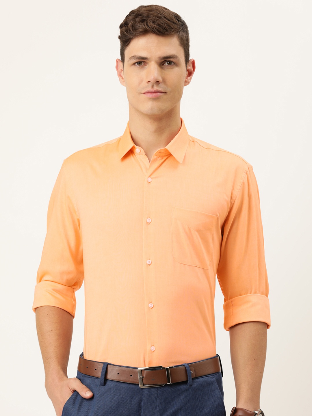 

Peter England Men Orange Nuvo Slim Fit Pure Cotton Semiformal Shirt