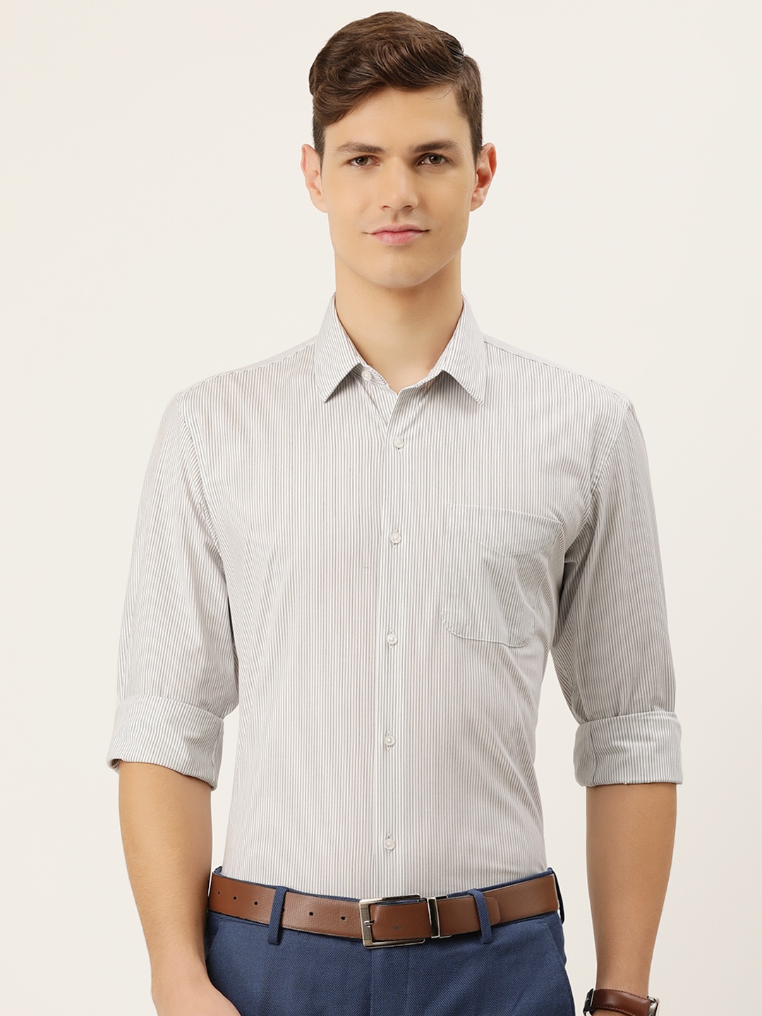 

Peter England Men White & Blue Slim Fit Striped Formal Shirt