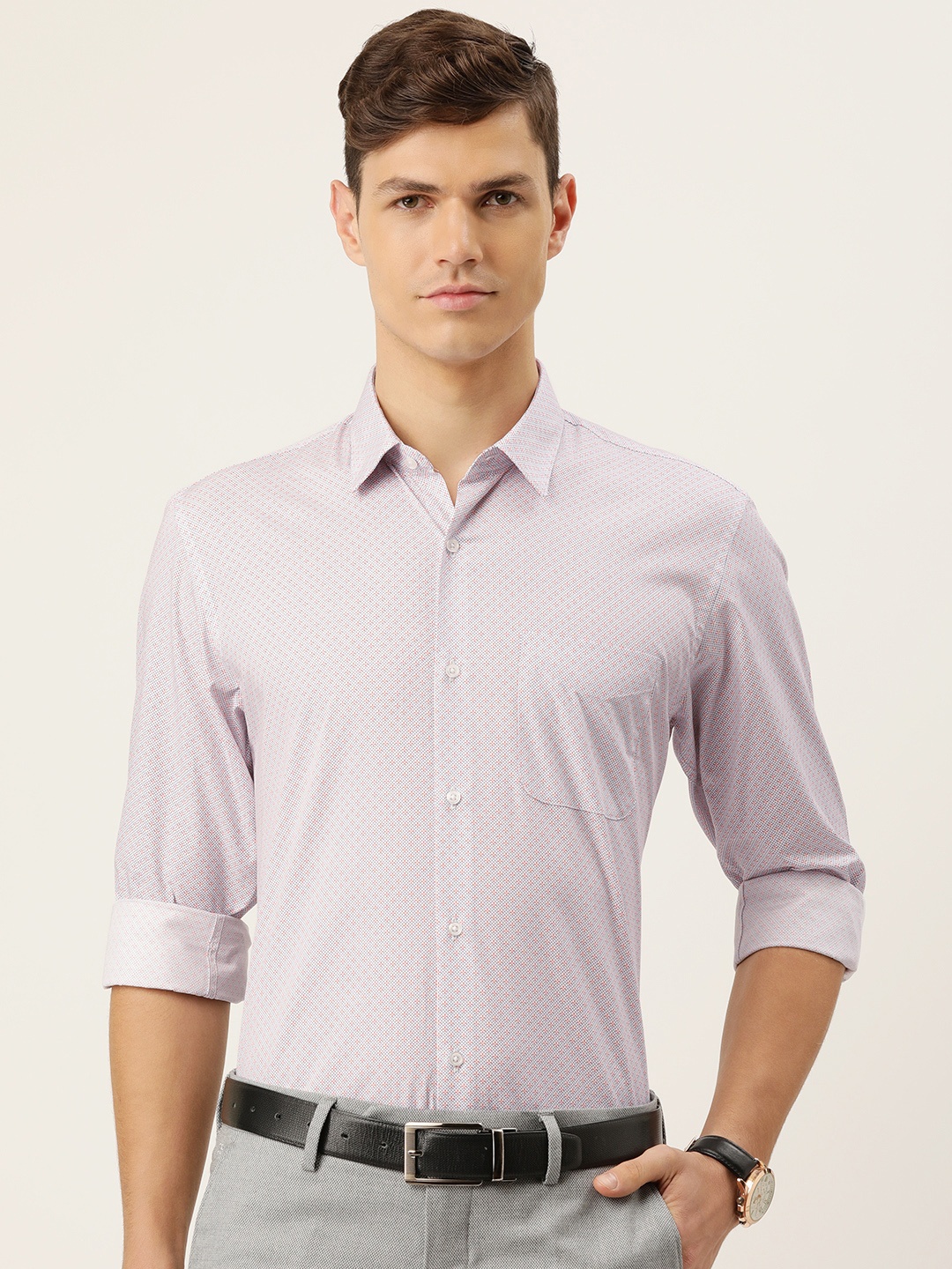 

Peter England Men Orange & White Slim Fit Printed Pure Cotton Formal Shirt