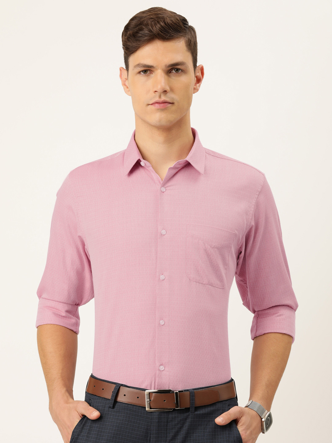 

Peter England Men Pink Self-Design Slim Fit Formal Shirt