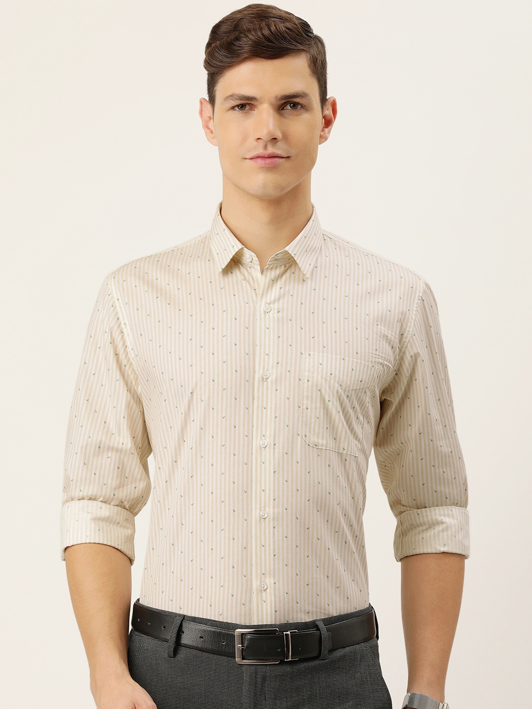 

Peter England Men Beige & White Slim Fit Striped Pure Cotton Formal Shirt