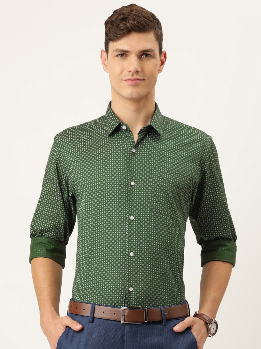 

Peter England Men Green Slim Fit Printed Pure Cotton Casual Shirt