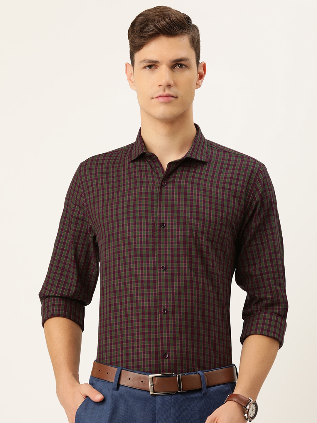 

Peter England Men Maroon & Green Slim Fit Gingham Checks Formal Shirt