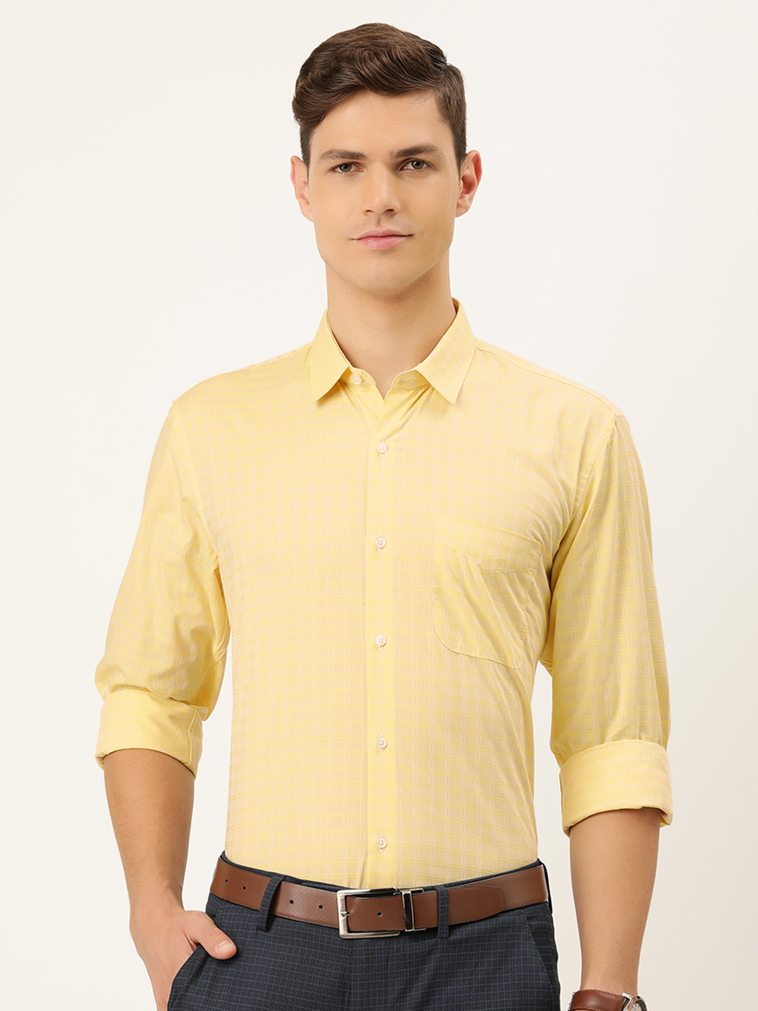 

Peter England Men Yellow Nuvo Fit Self Checked Formal Shirt