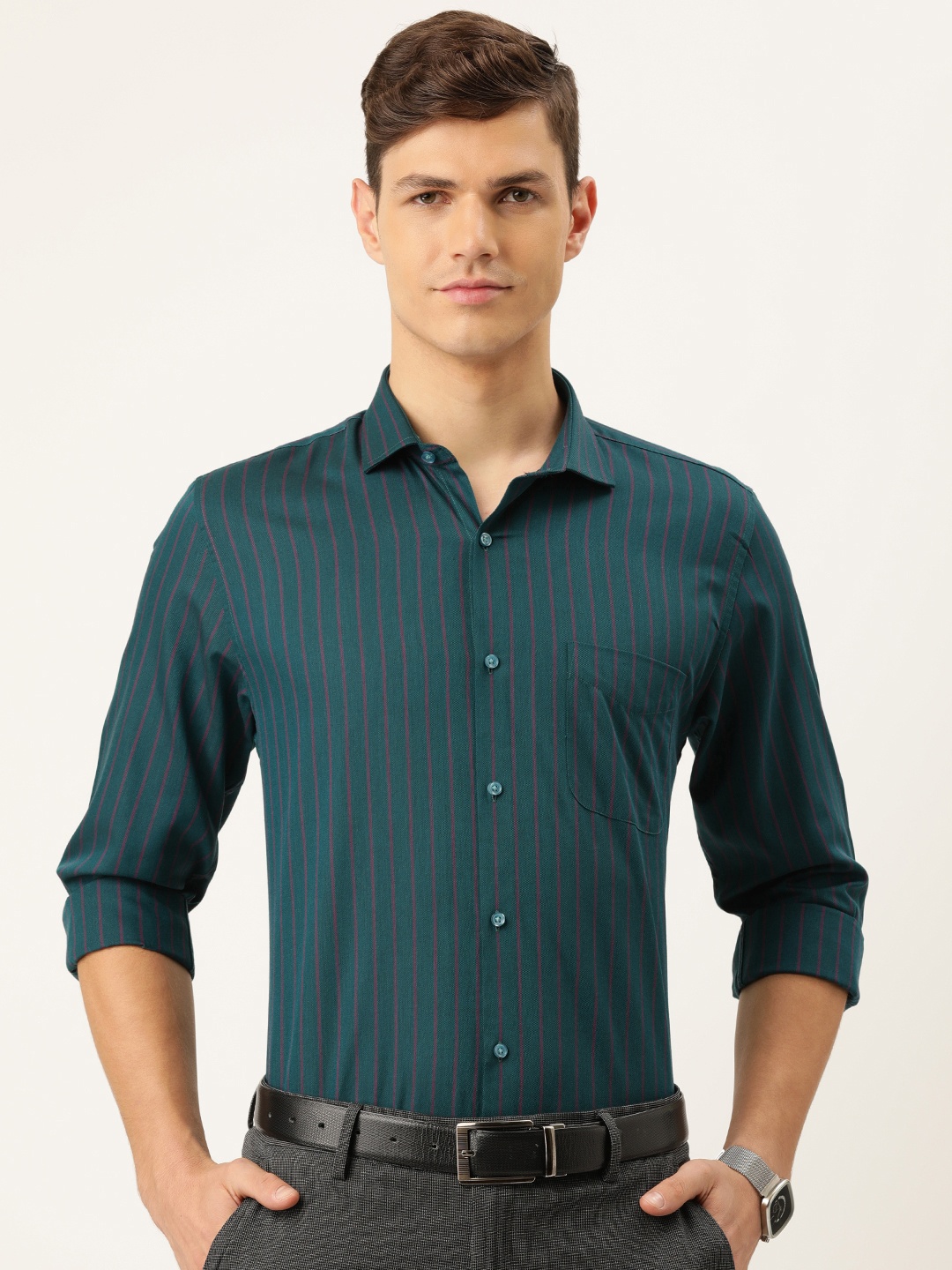 

Peter England Men Teal Green & Pink Slim Fit Striped Formal Shirt