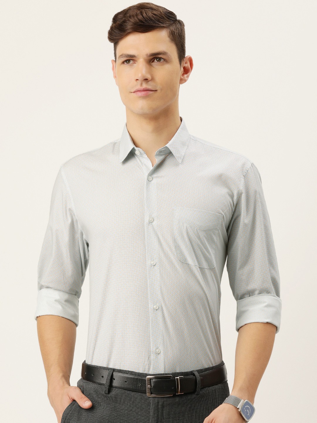 

Peter England Men White & Yellow Slim Fit Printed Pure Cotton Formal Shirt