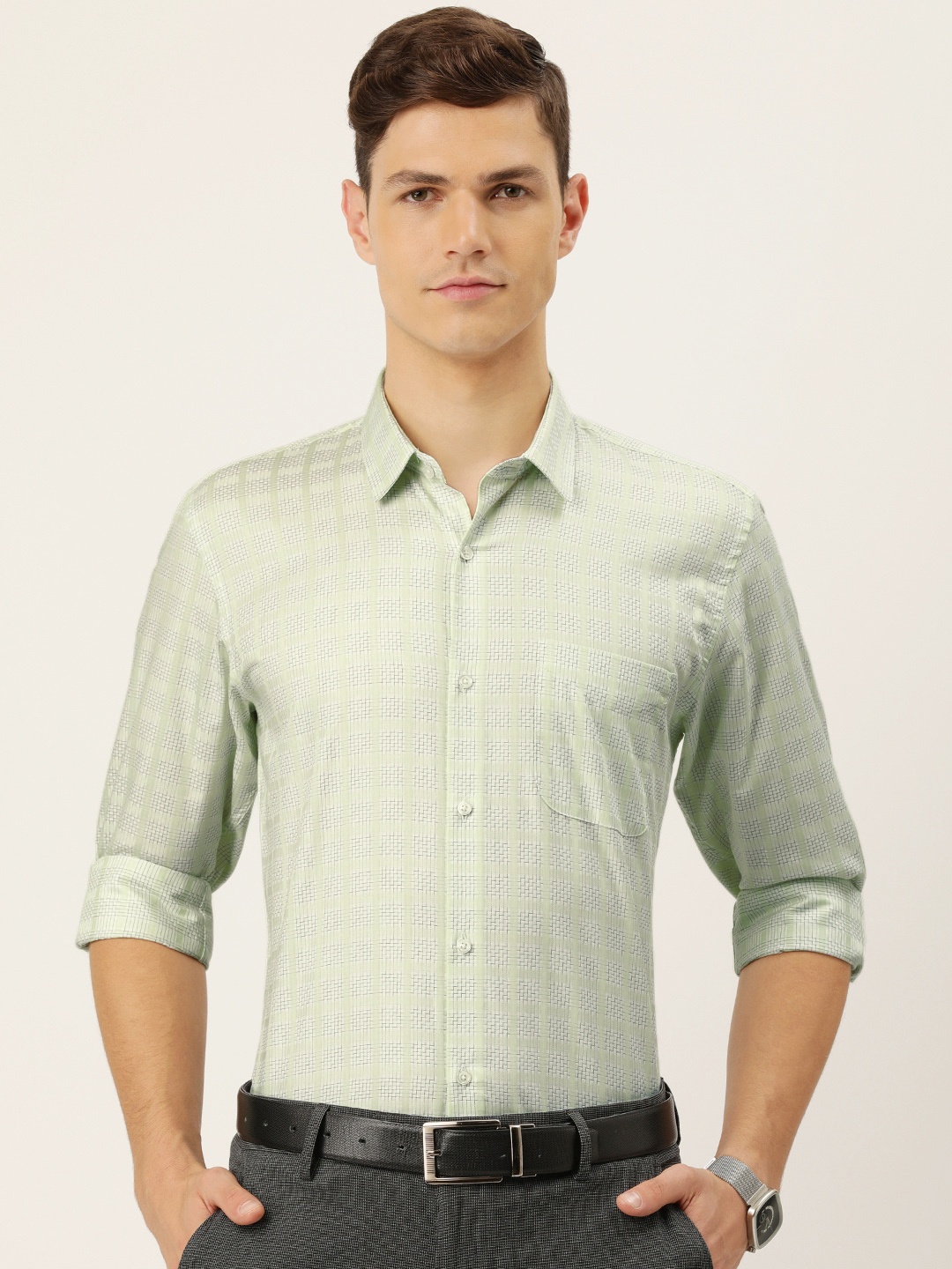 

Peter England Men Sage Green Slim Fit Checked Pure Cotton Formal Shirt
