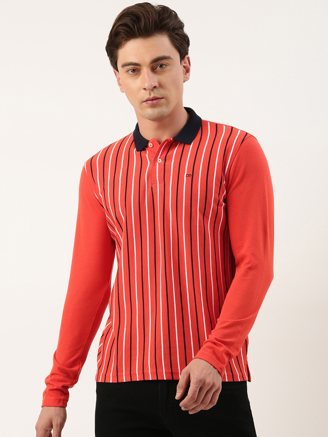 

Peter England Men Striped Polo Collar Long Sleeves T-shirt, Coral