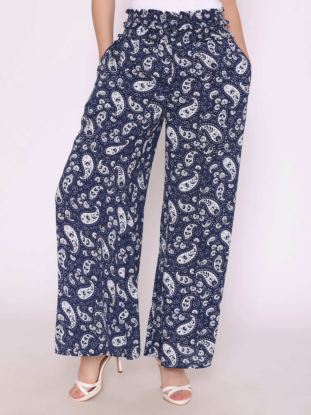 

FLAWLESS Women Blue Floral Printed Flared High-Rise Trousers