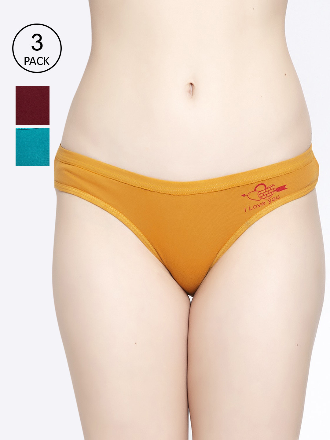 

GRACIT Women Pack Of 3 Maroon Turquiose & Yellow Solid Hipster Briefs