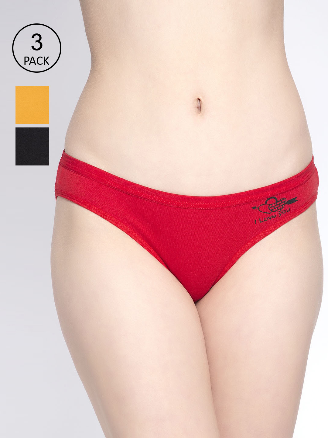 

GRACIT Women Pack of 3 Black Red & Yellow Solid Hipster Briefs
