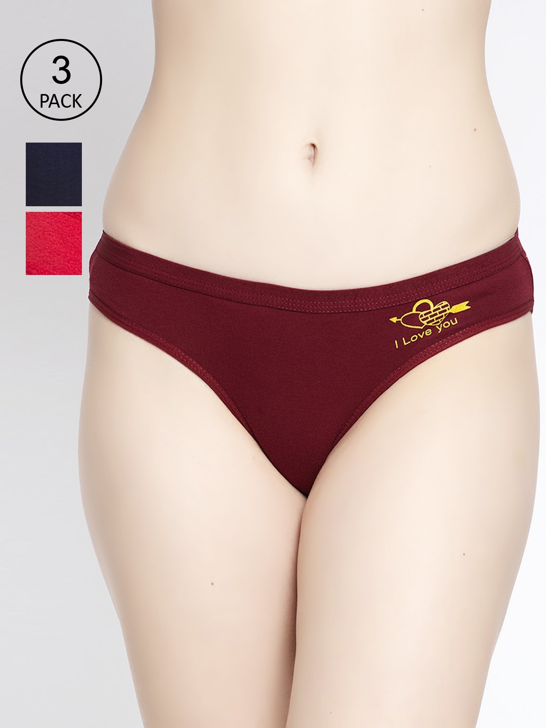 

GRACIT Women Pack of 3 Red Maroon Navy Solid Hipster Cotton Lycra Briefs