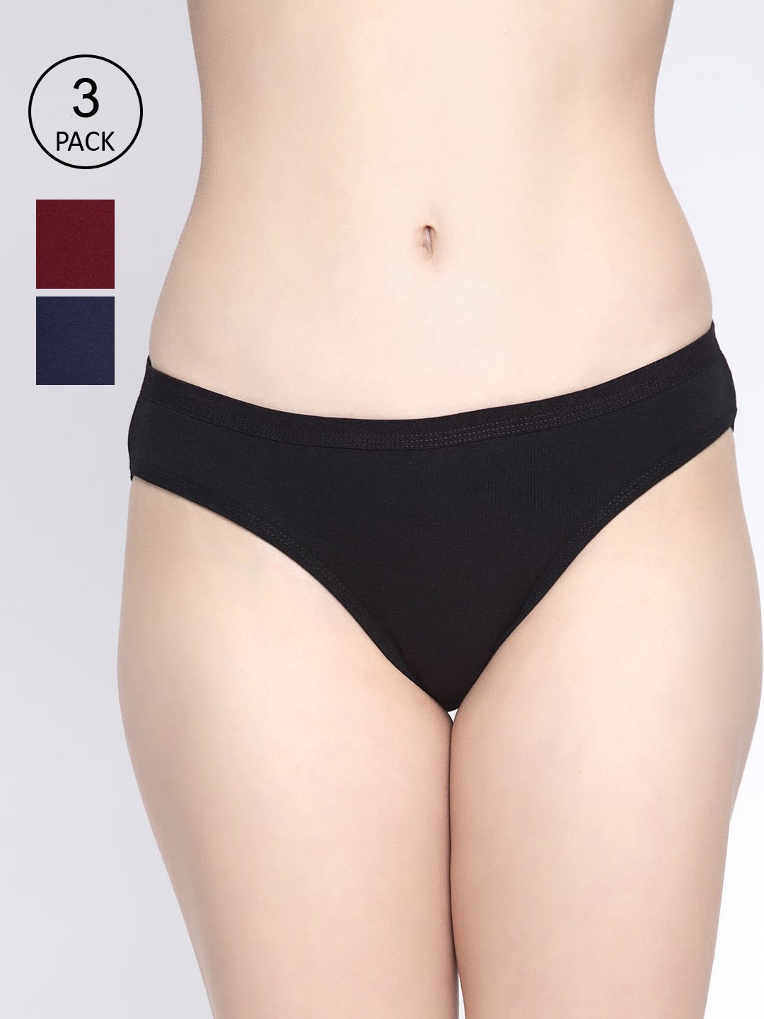 

GRACIT Women Pack Of 3 Black, Navy Blue & Maroon Solid Hipster Briefs