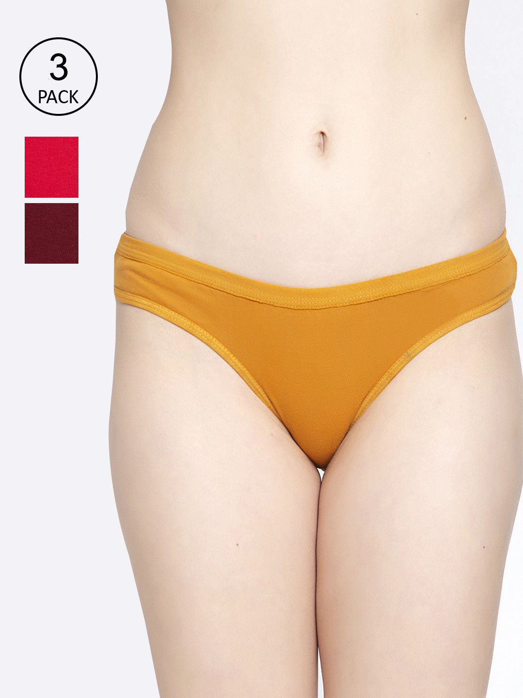 

GRACIT Women Pack of 3 Red Maroon & Mustard Yellow Solid Bikini