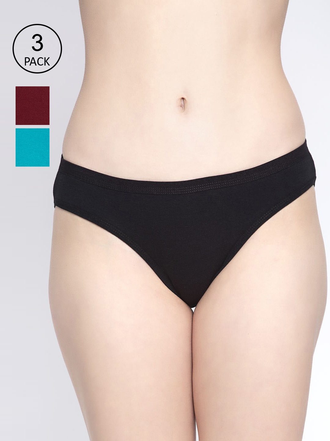 

GRACIT Women Pack Of 3 Black, Maroon & Turquoise Blue Solid Hipster Briefs