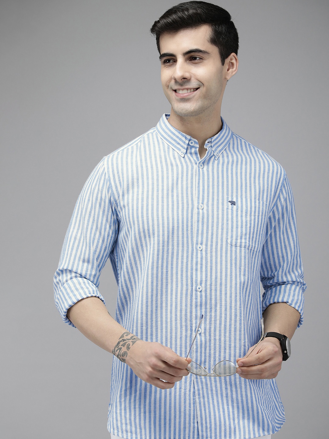 

THE BEAR HOUSE Men Blue Slim Fit Striped Casual Shirt