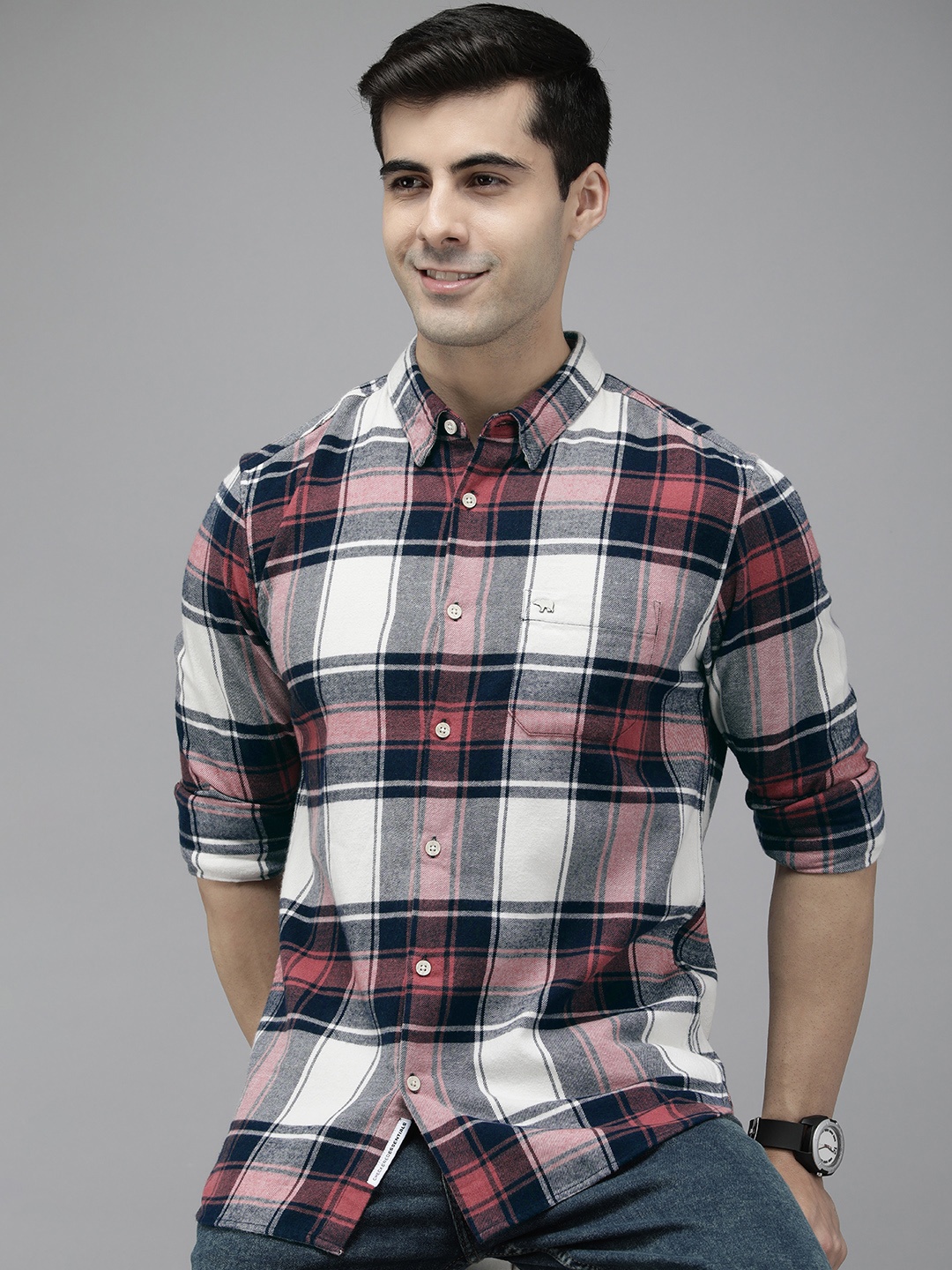 

THE BEAR HOUSE Men Pink & Navy Blue Slim Fit Tartan Checked Cotton Casual Shirt