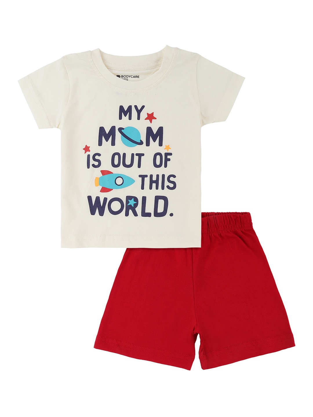 

Bodycare Kids Boys White & Red Printed Pure Cotton T-shirt with Shorts