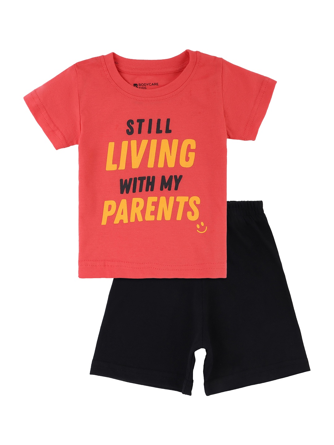 

Bodycare Kids Boys Red & Black Printed Pure Cotton T-shirt with Shorts