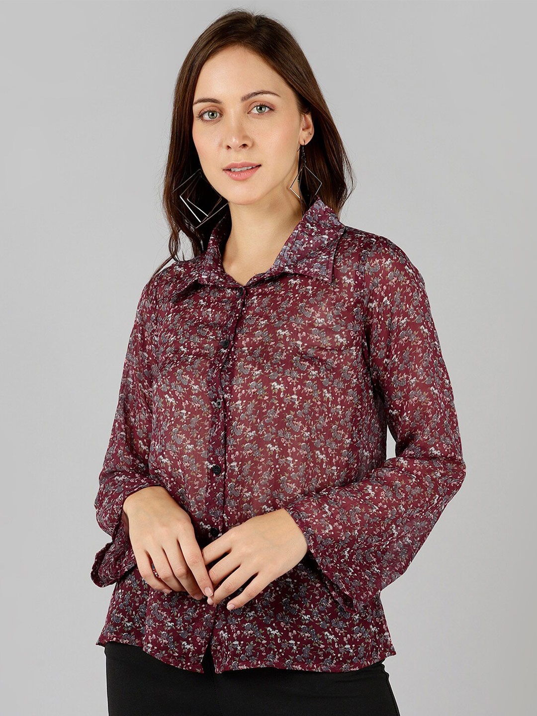 

Fashfun Maroon Floral Print Chiffon Shirt Style Top