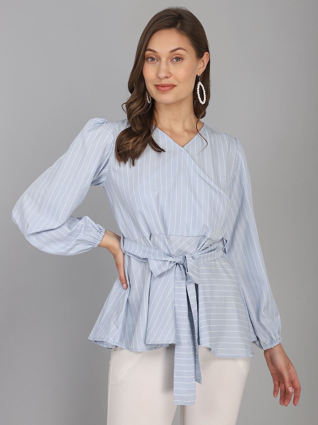 

Fashfun Blue Striped Crepe Wrap Top