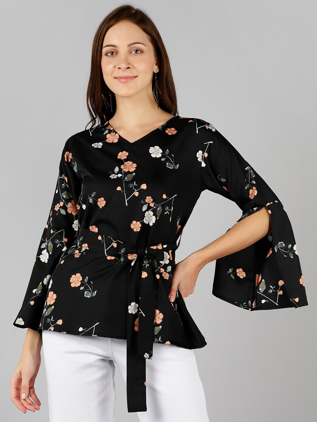 

Fashfun Black Floral Print Crepe Cinched Waist Top