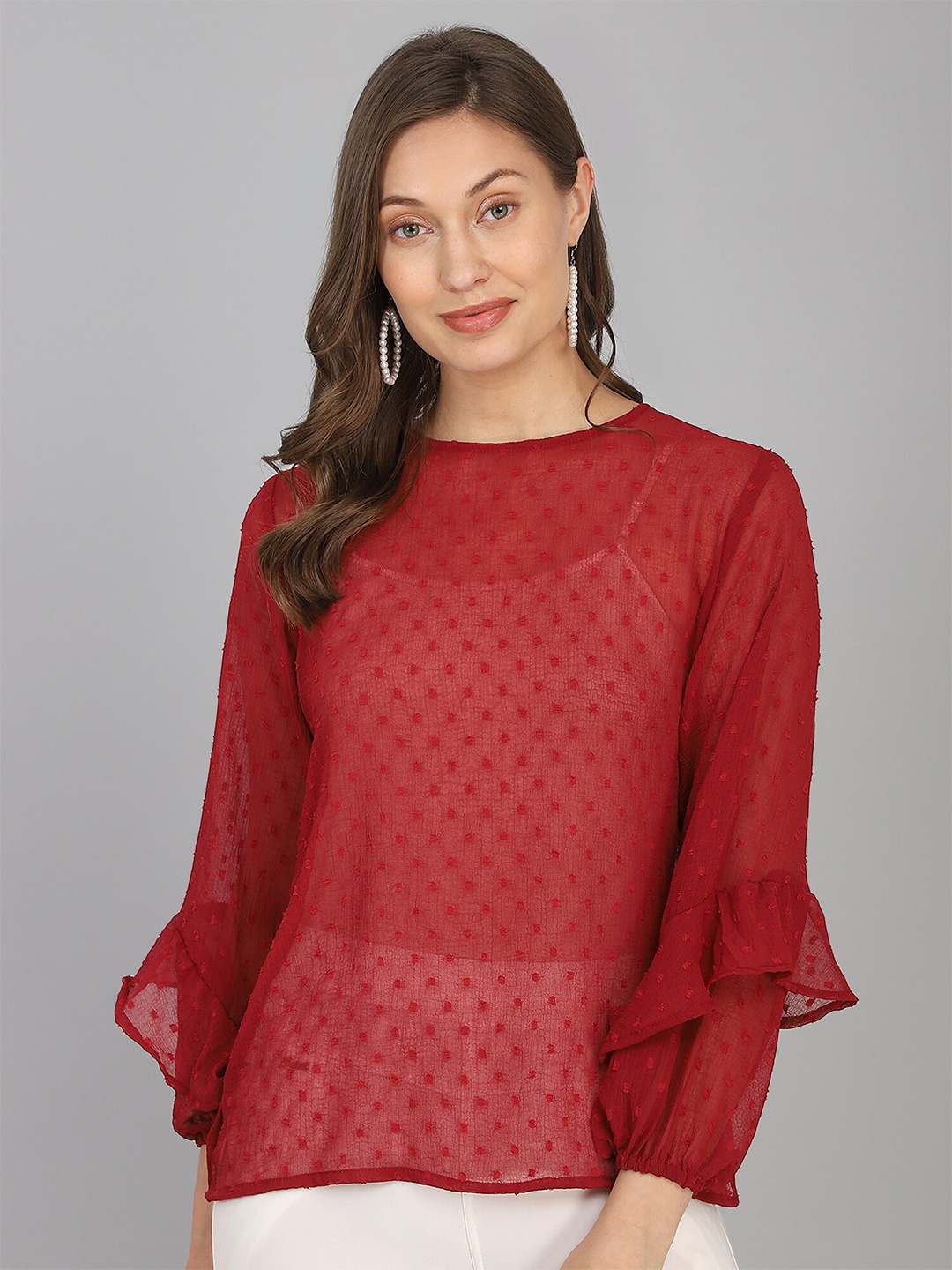 

Fashfun Red Full Sleeves Semi-SheerTop