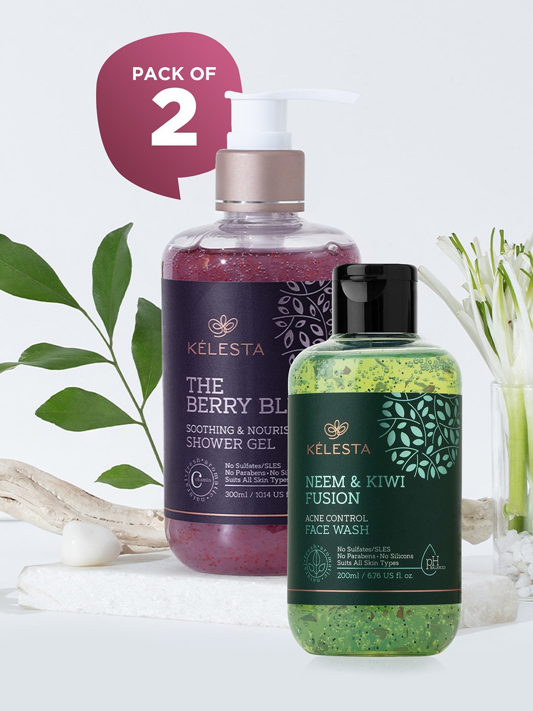 

KELESTA Set of Neem & Kiwi Face Wash 200ml & The Berry Blush Shower Gel 300ml, Green