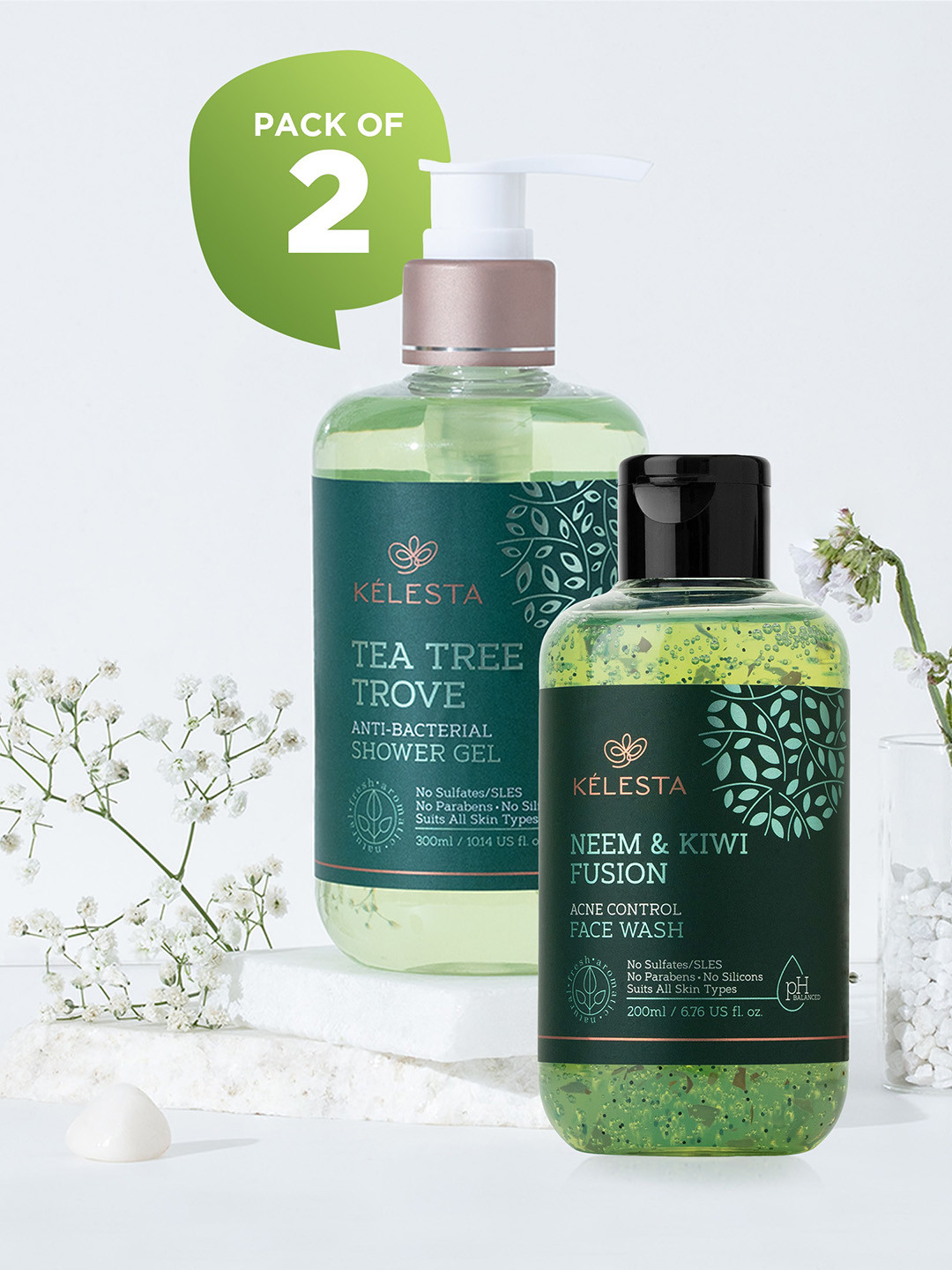 

KELESTA Set of Neem & Kiwi Face Wash 200ml & Tea Tree Trove Shower Gel 300ml, Green