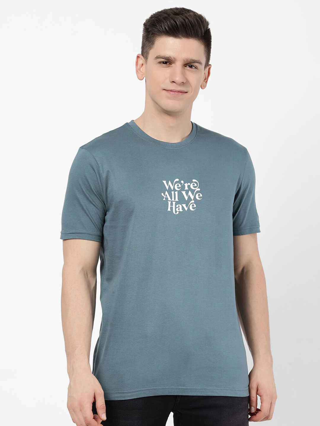 

R&B Men Regular Fit Round Neck Teal Typography Printed T-shirt