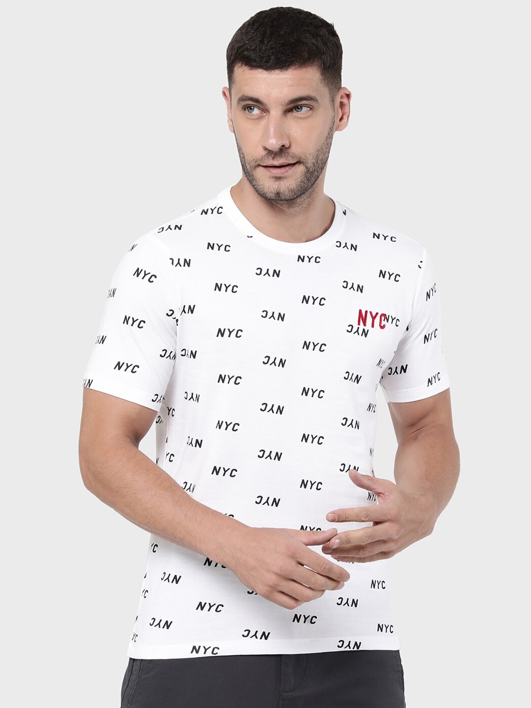 

R&B Men Regular Fit White Printed Monochrome T-shirt