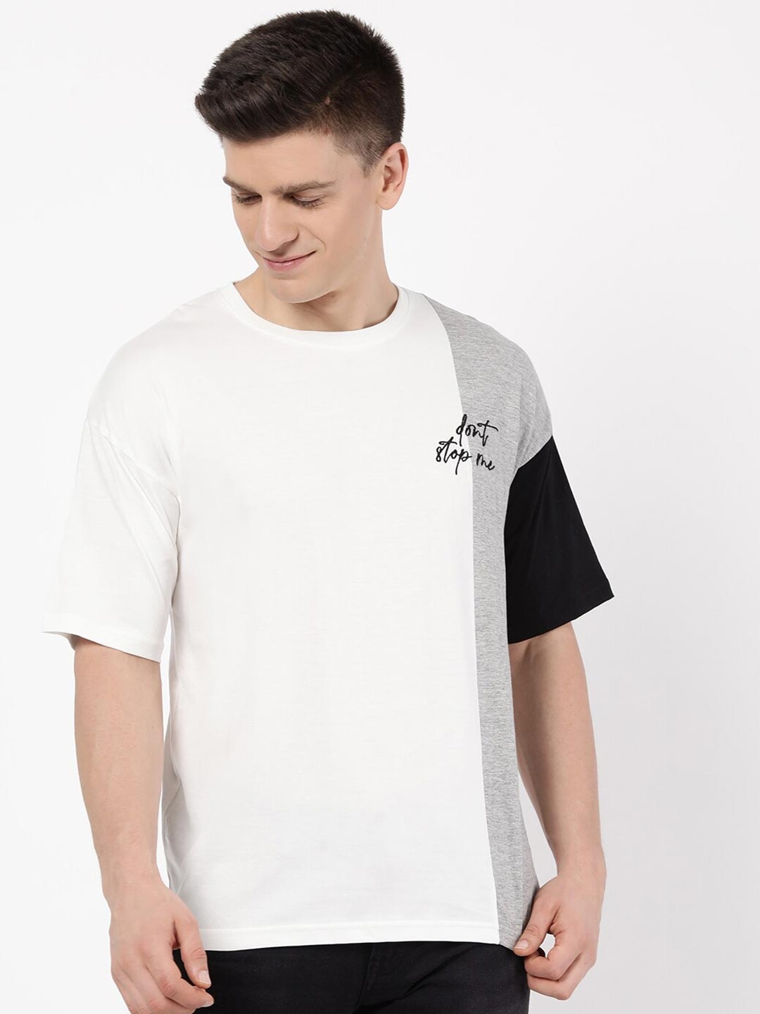 

R&B Men Regular Fit White Colourblocked Drop-Shoulder Sleeves T-shirt