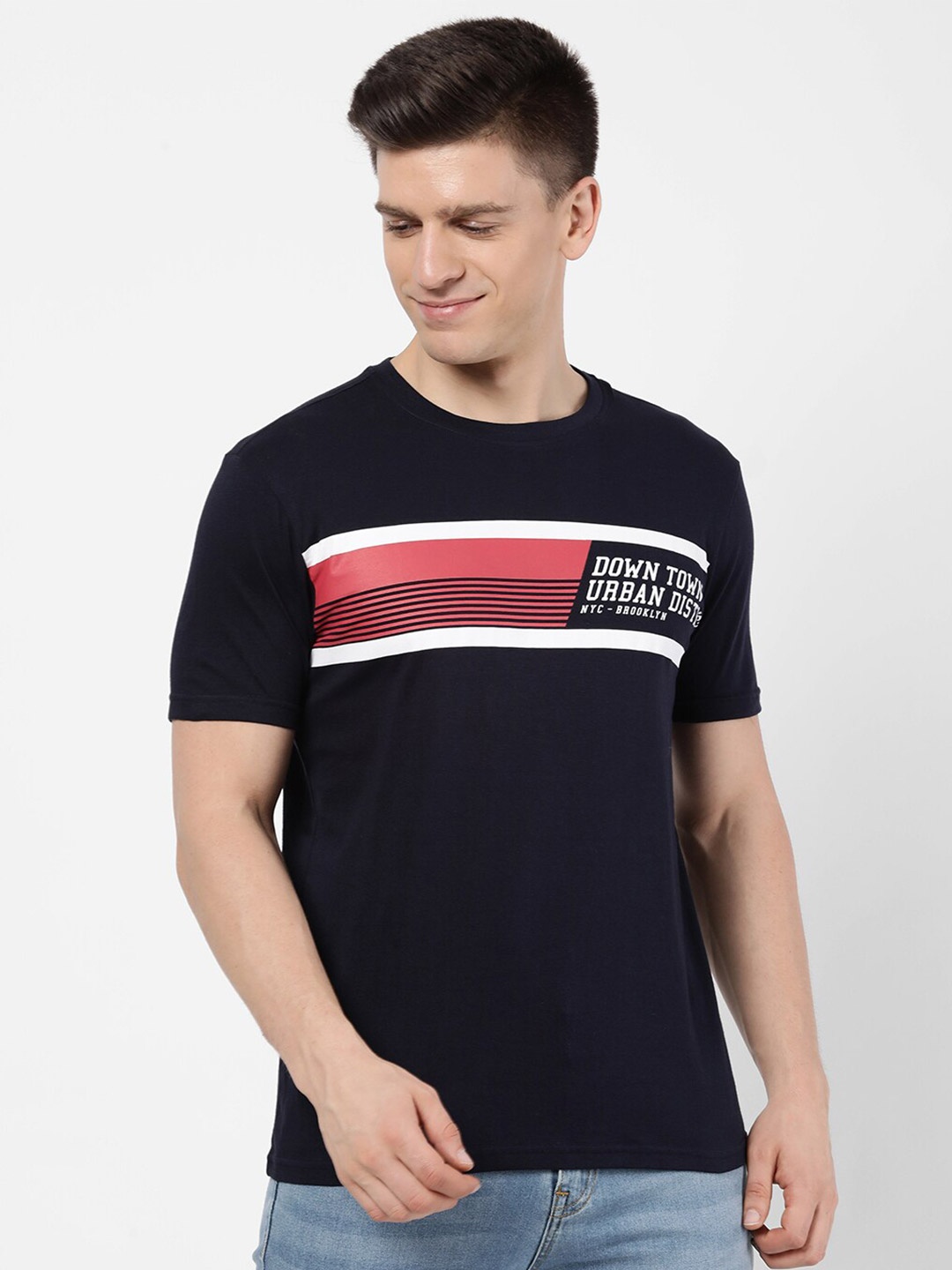 

R&B Men Navy Blue Typography T-shirt
