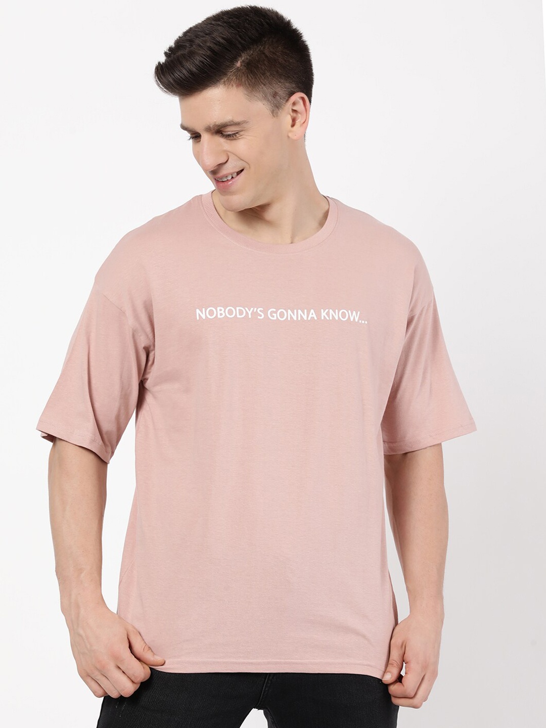 

R&B Men Pink Typography Drop-Shoulder Sleeves T-shirt