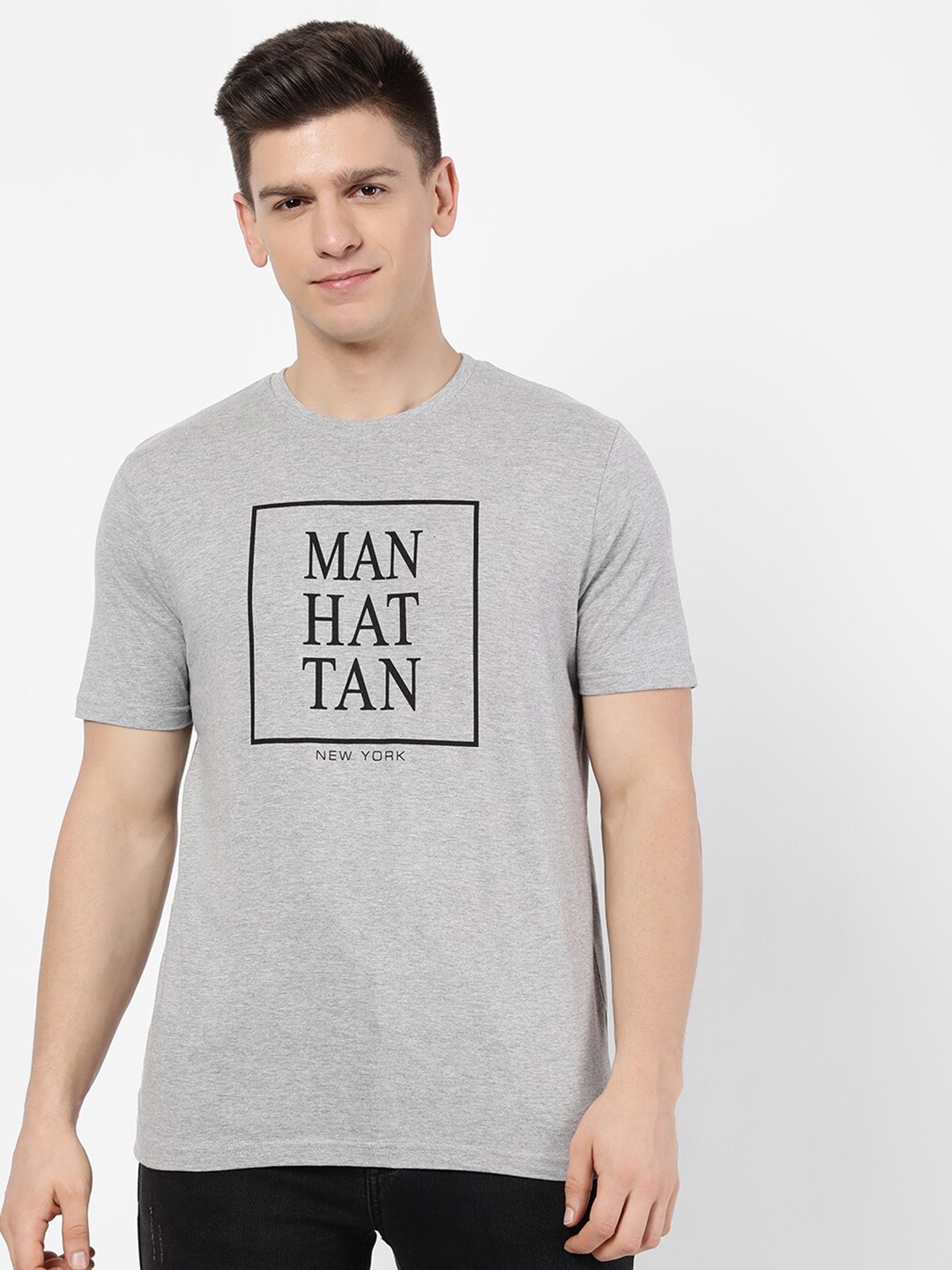 

R&B Men Grey & Black Typography Printed Applique T-shirt