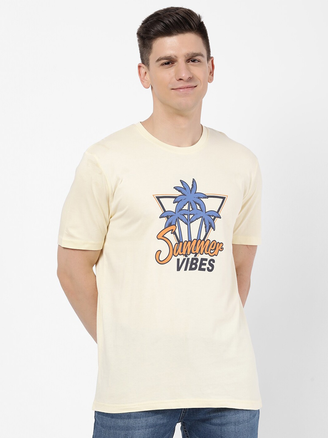 

R&B Men Yellow Printed Cotton T-shirt
