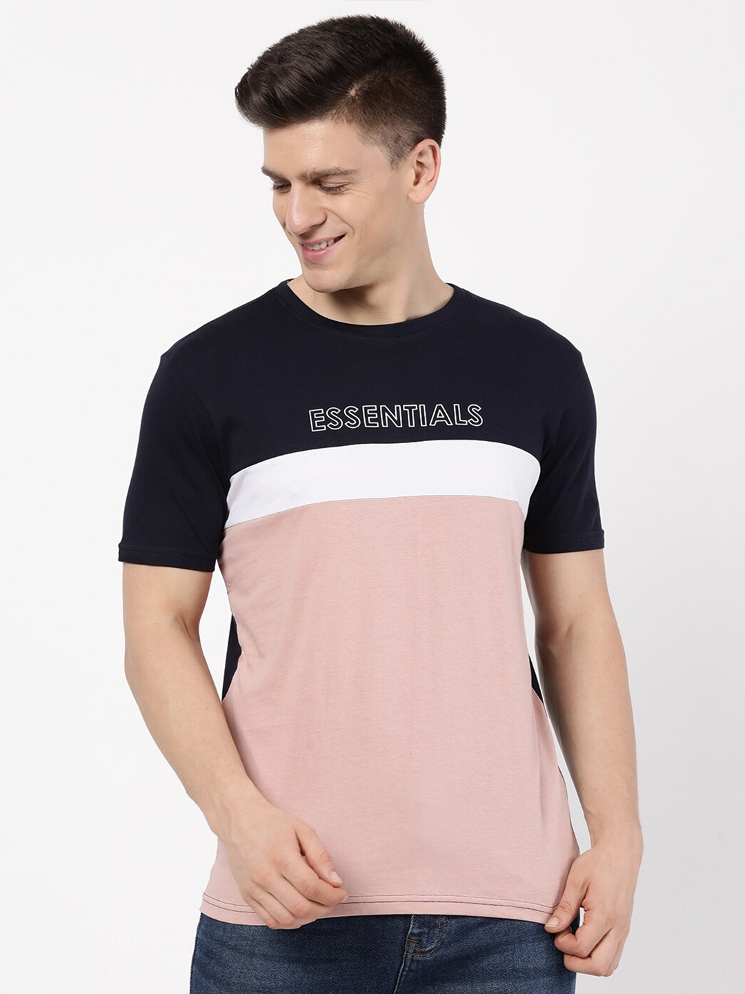 

R&B Men Pink & Black Colourblocked T-shirt
