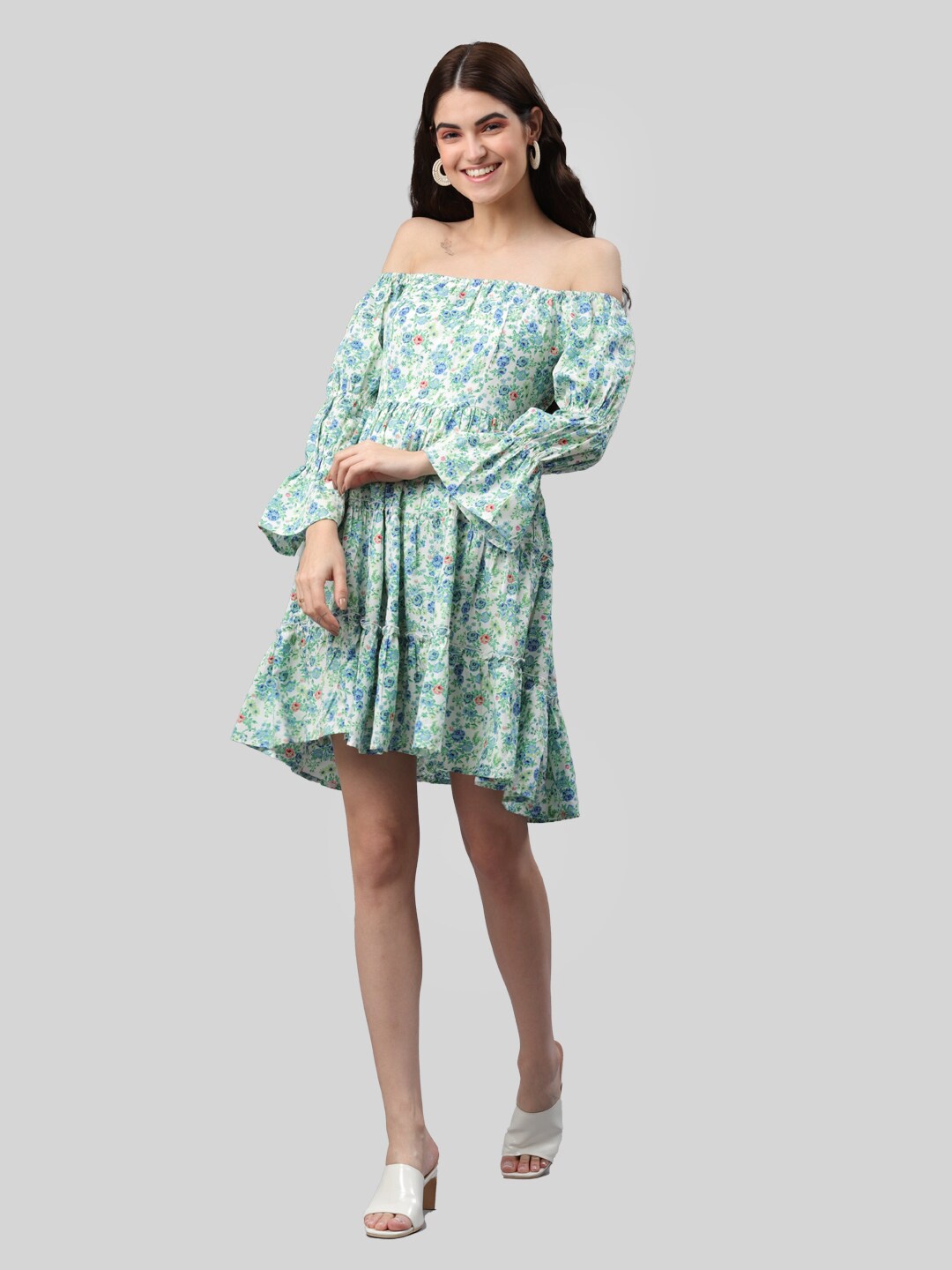 

PRETTY LOVING THING White & Green Floral Printed Off-Shoulder Dress