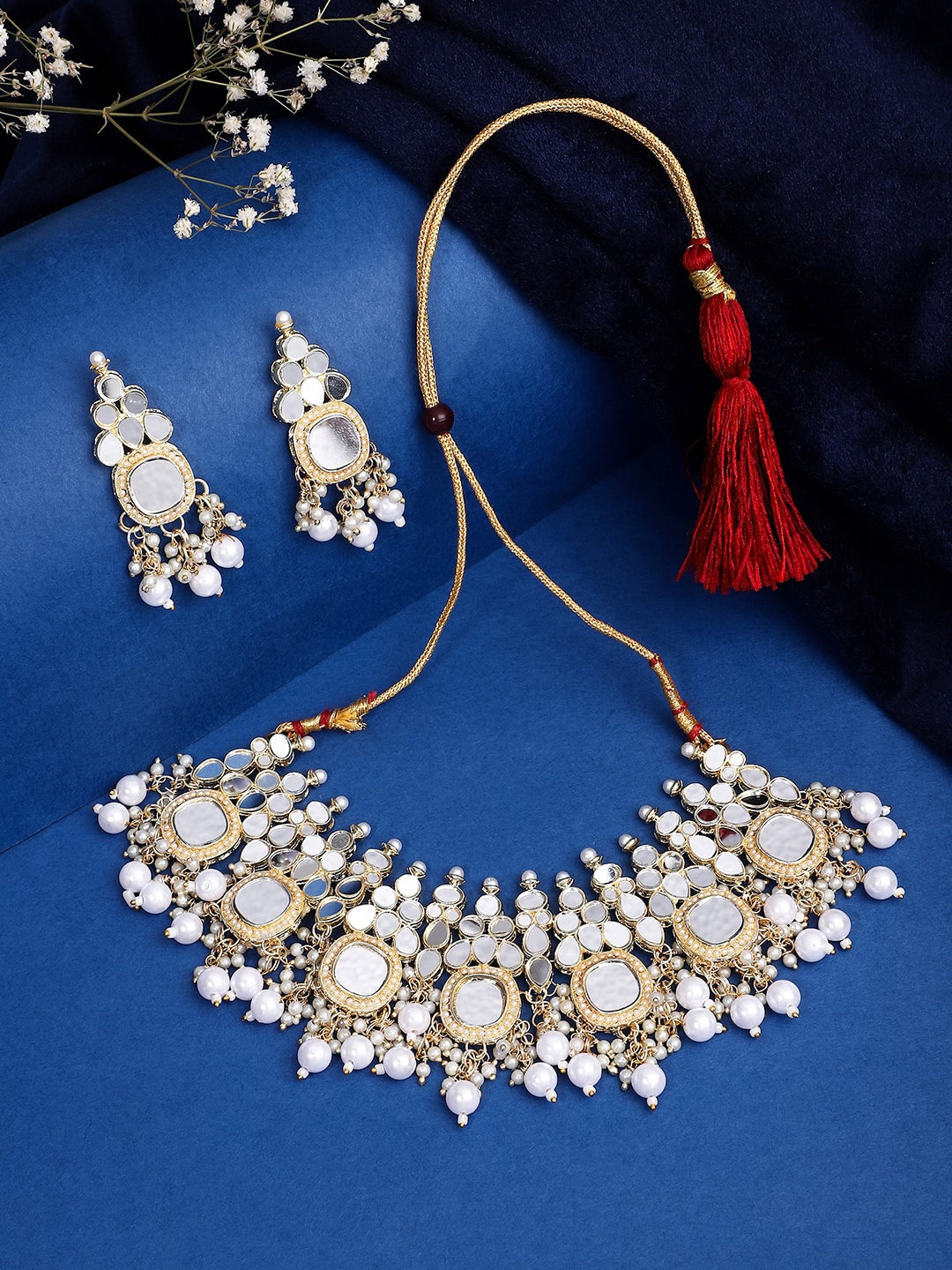 

Yellow Chimes White & Gold-Plated Mirror Studded Jewellery Set