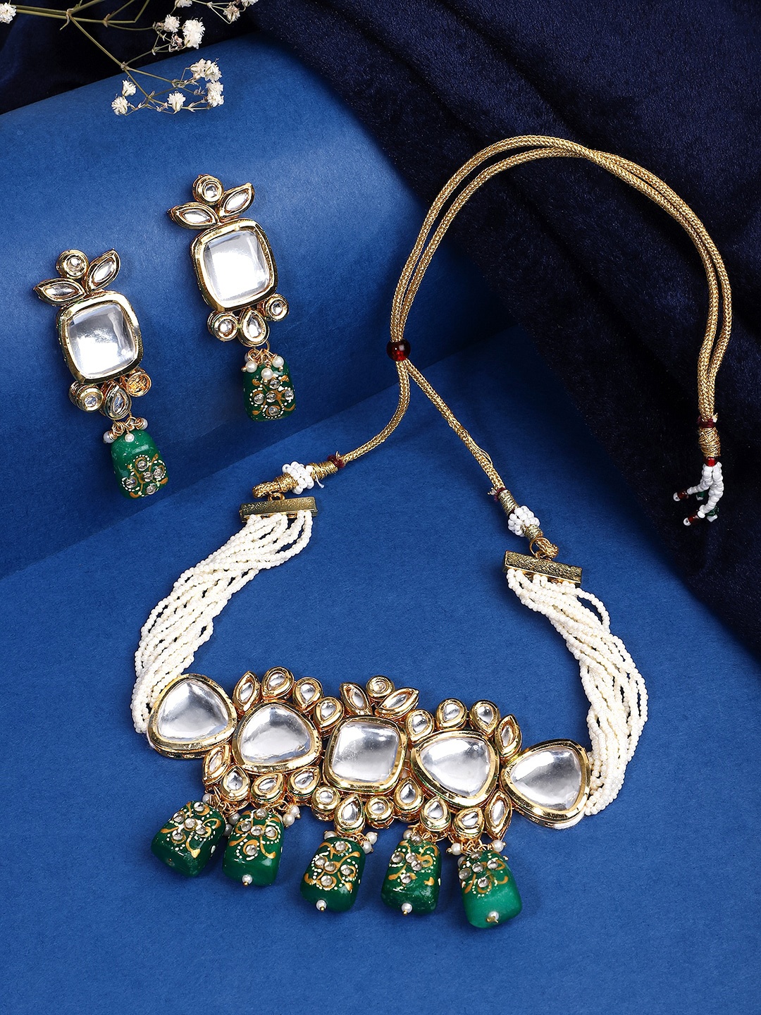 

Yellow Chimes Gold-Plated Green & White Kundan Studded Choker Jewellery Set