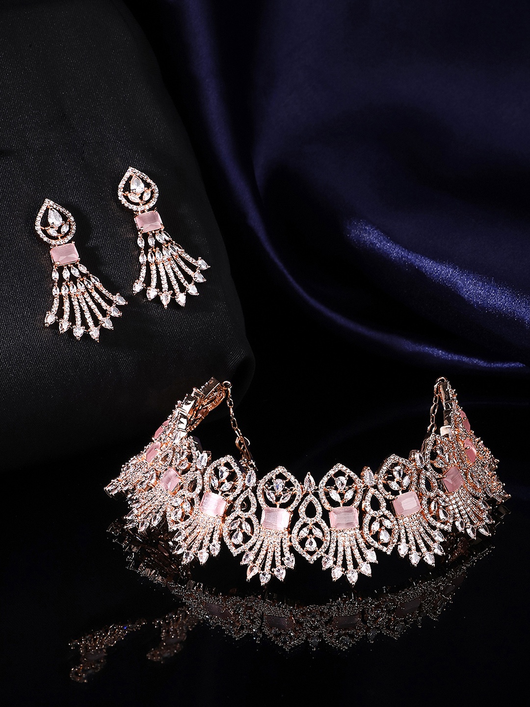 

Yellow Chimes Women Rose Gold Plated American Diamond Studded Bridal Jewellery Set