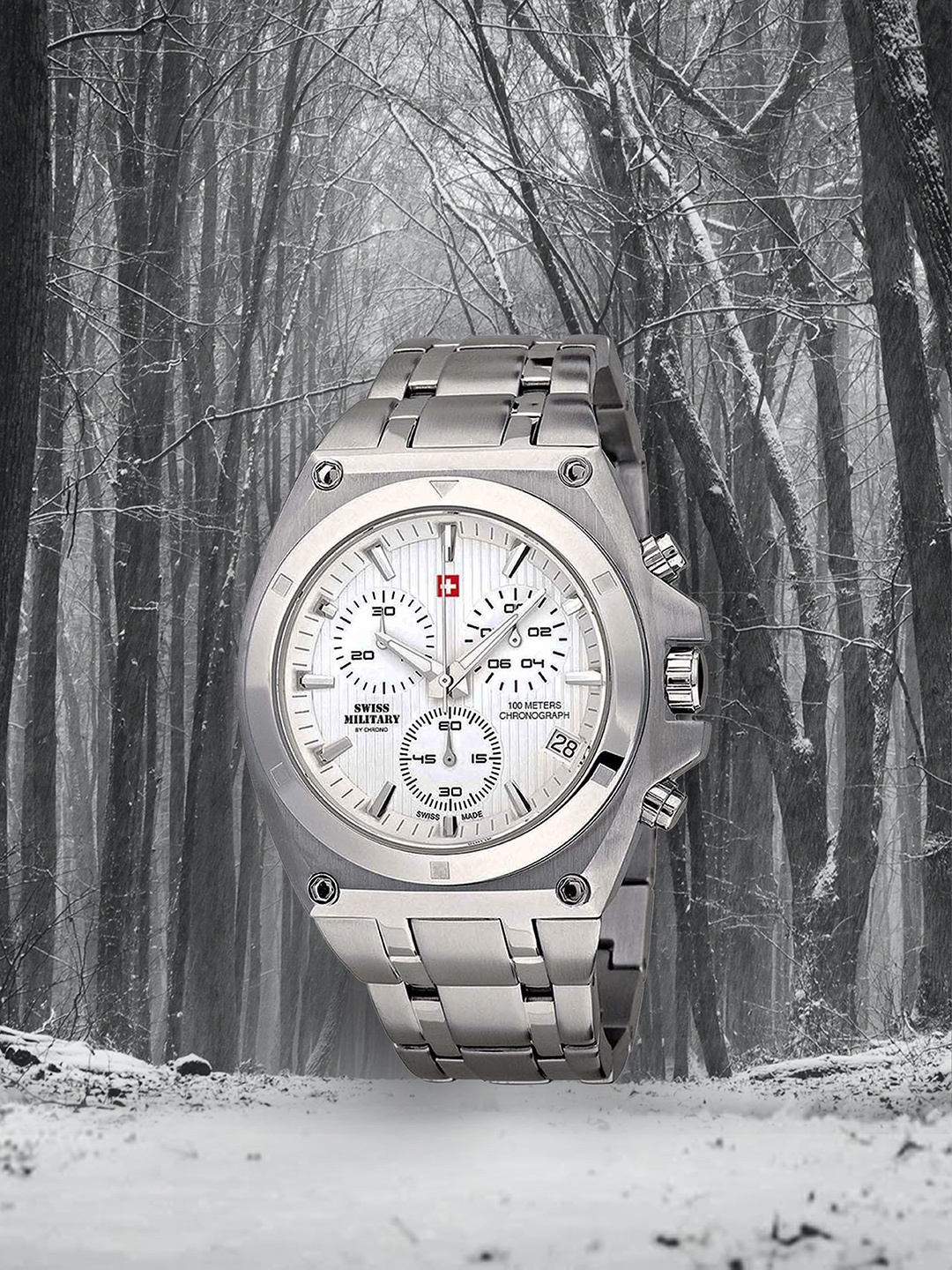 

Swiss Military by Chrono Men White Embellished Dial & Silver Toned Stainless Steel Straps Analogue Watch