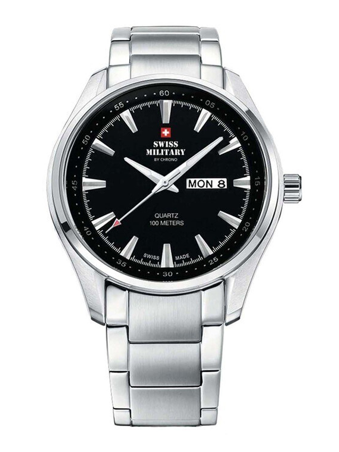 

Swiss Military by Chrono Men Black Dial & Silver Toned Stainless Steel Bracelet Style Straps Analogue Watch