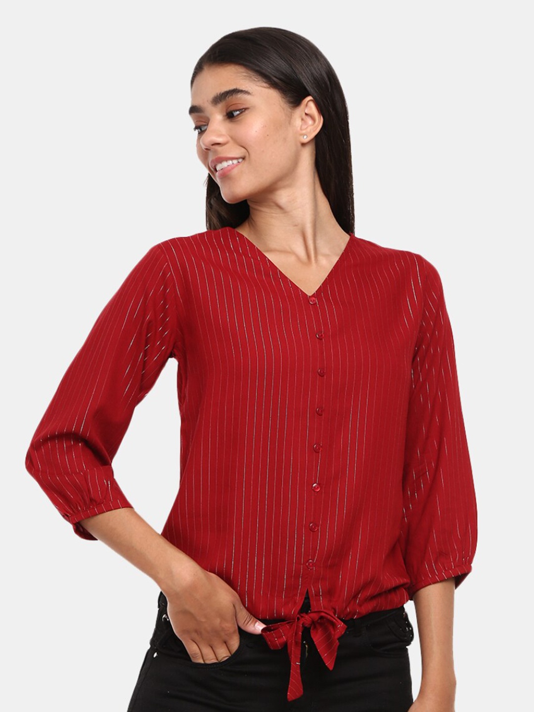 

V-Mart Maroon Striped Shirt Style Top