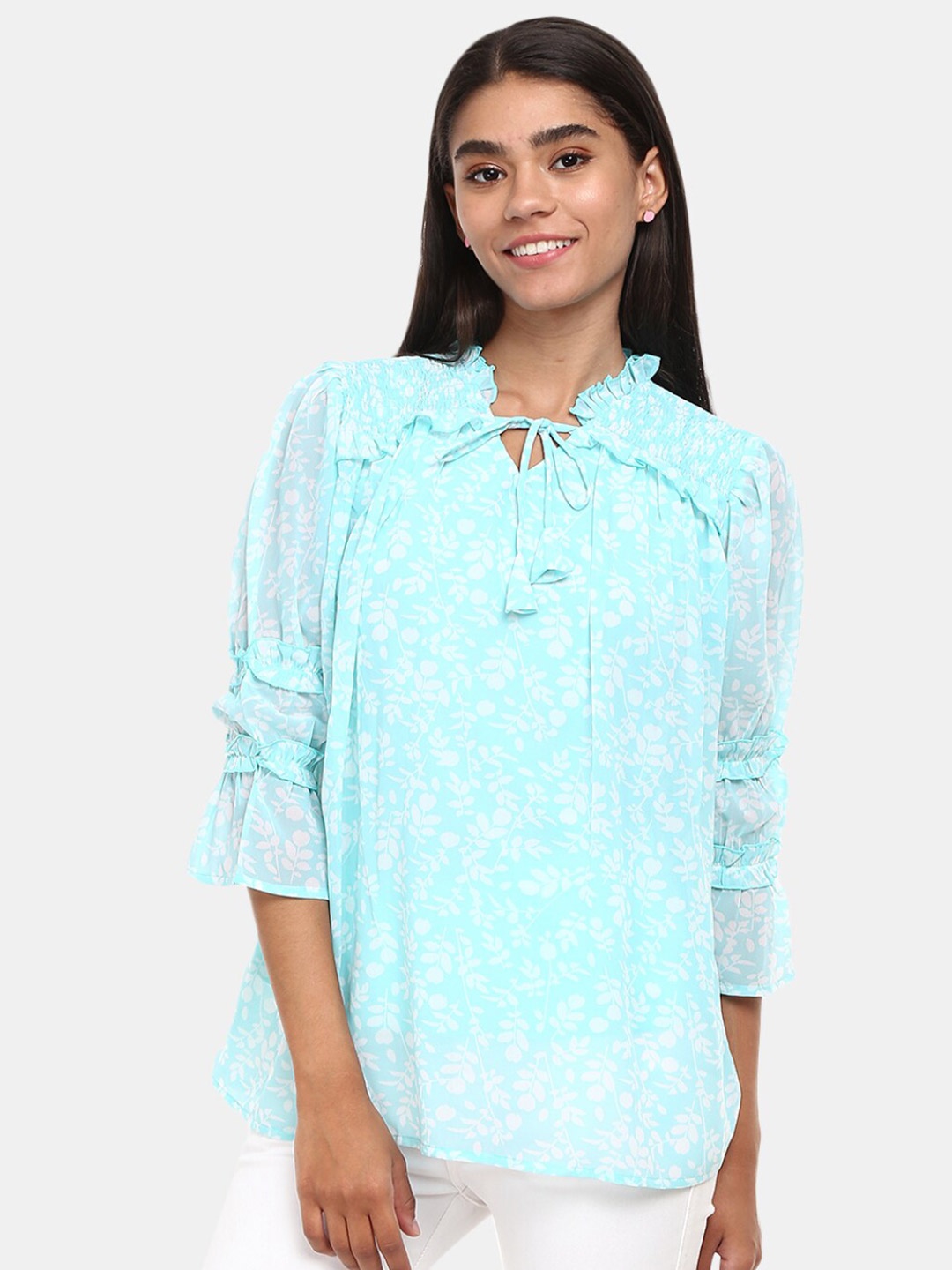 

V-Mart Blue Floral Print Tie-Up Neck Top