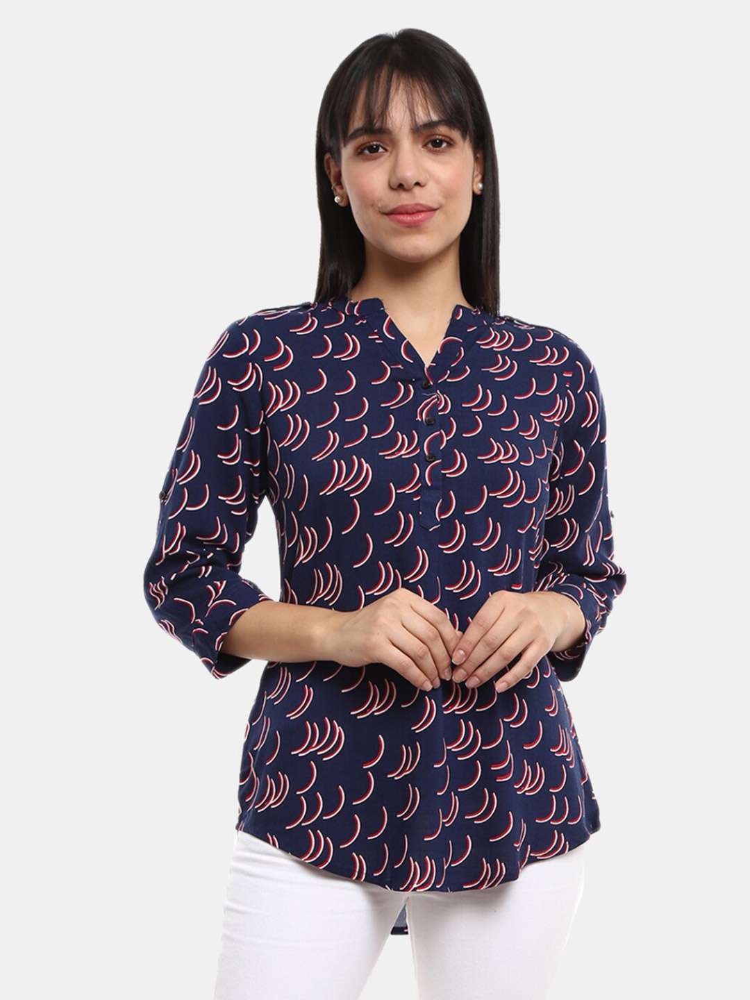 

V-Mart Navy Blue Geometric Print Mandarin Collar Shirt Style Top