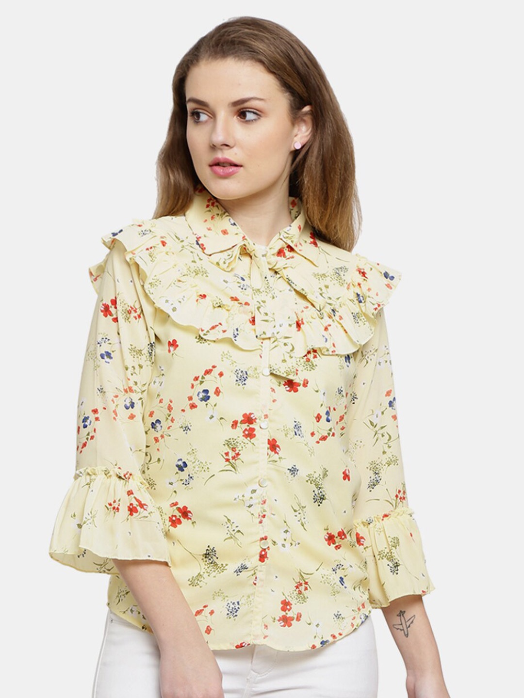 

V-Mart Women Yellow Floral Print Shirt Style Top
