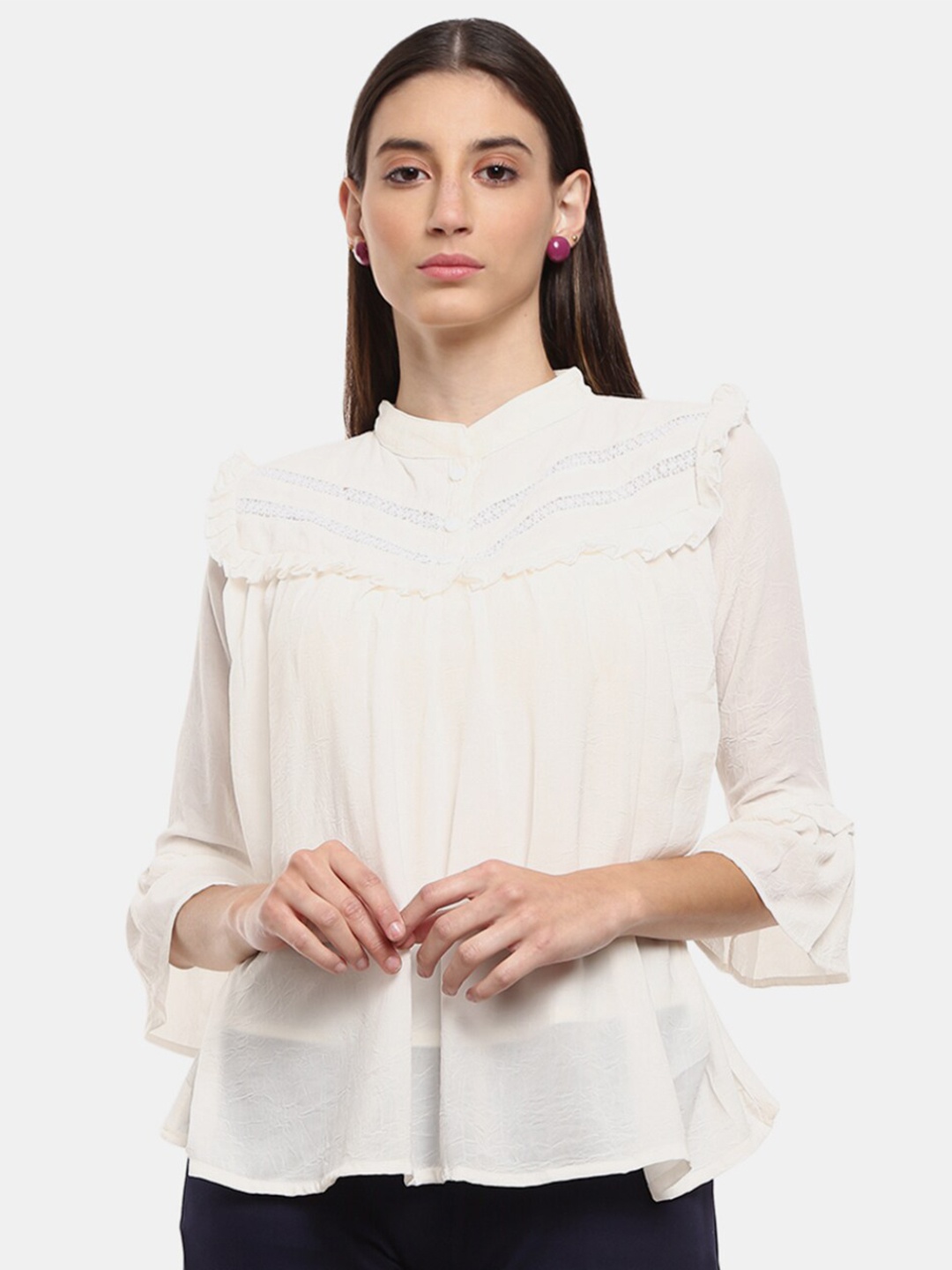 

V-Mart Women Off White Mandarin Collar Top